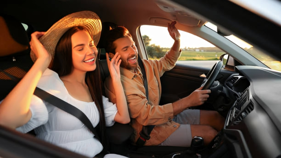 Two people smiling and singing along to music in a car.